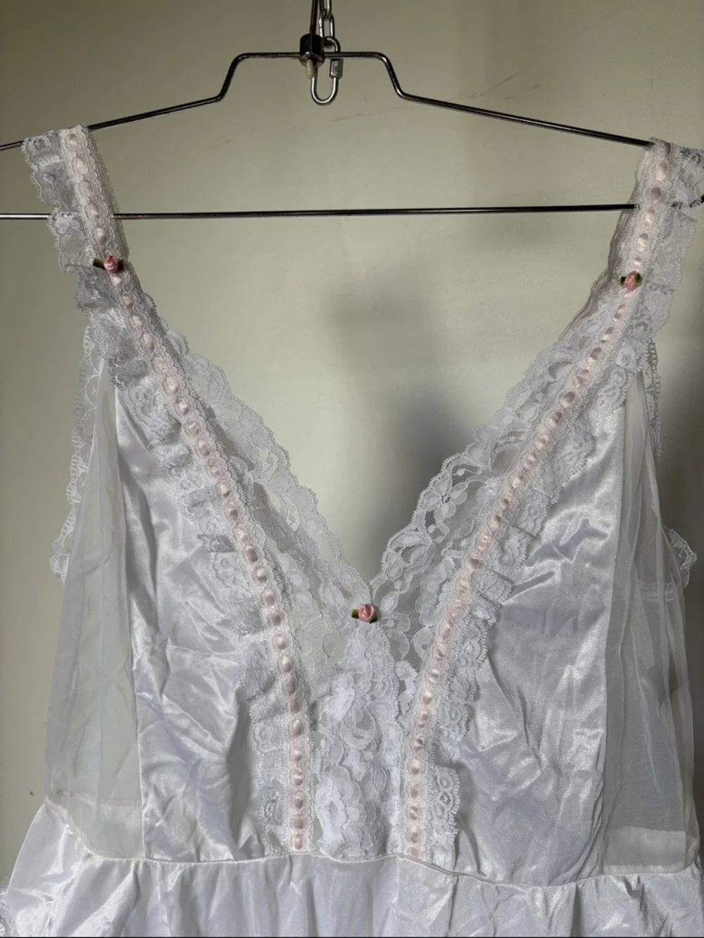 White Floral Lace Trim Satin Teddy Bodysuit Pink Ribbon Roses Vintage - Picture 2 of 10